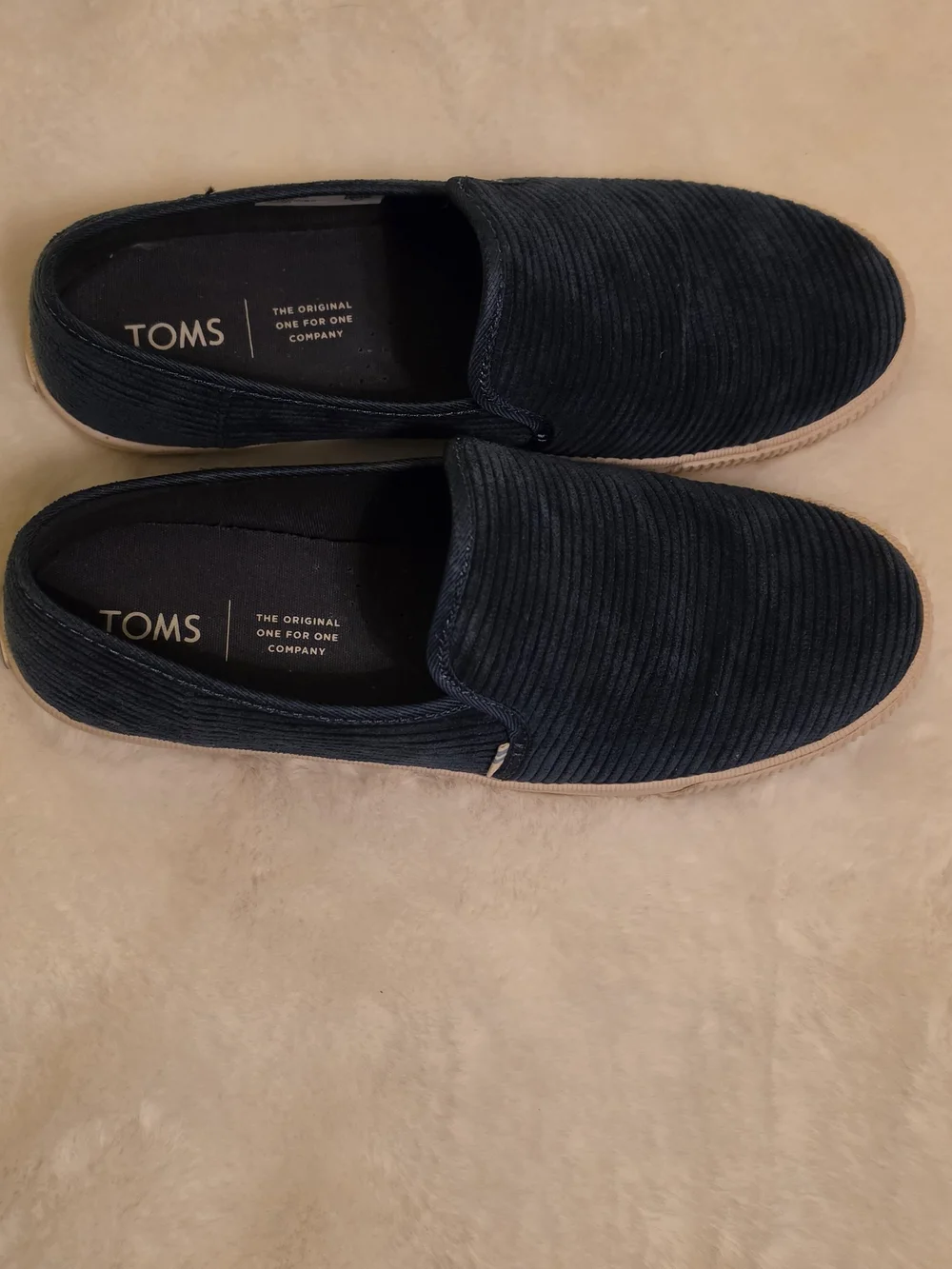 Toms Navy Blue Corduroy Slip-On Loafers with White Outsole
